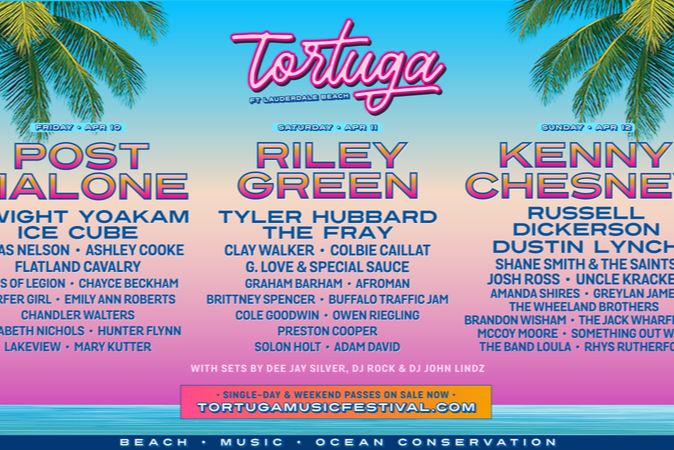 A vibrant festival lineup showcases various artists performing on different days at Tortuga Music Festival, set against a tropical backdrop with palm trees and ocean waves, featured in the Audacy Tortuga Pre-Party 2026