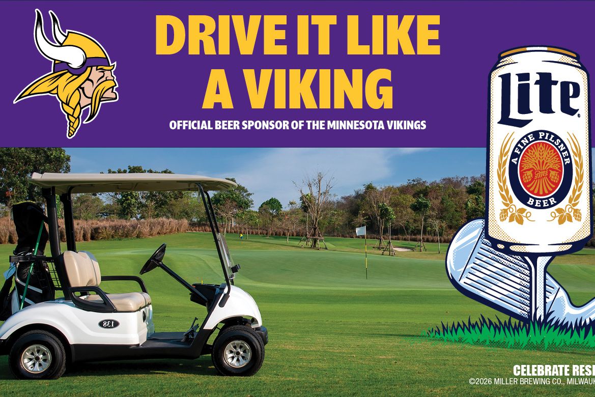 A golf cart is parked on a lush green golf course under a clear sky, with a scenic backdrop of trees and a distant flag. The scene promotes a spirited golfing experience, featured in the Miller Lite Golf Cart Sweepstakes