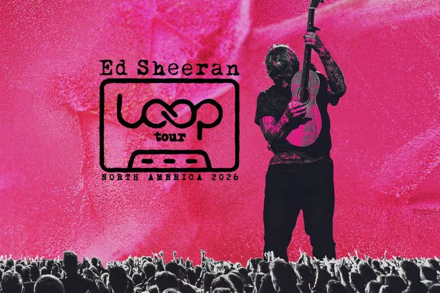 A musician stands with a guitar in front of a cheering crowd, illuminated by vibrant pink hues, creating an energetic concert atmosphere, featured in the SiriusXM Ed Sheeran Tickets Sweepstakes