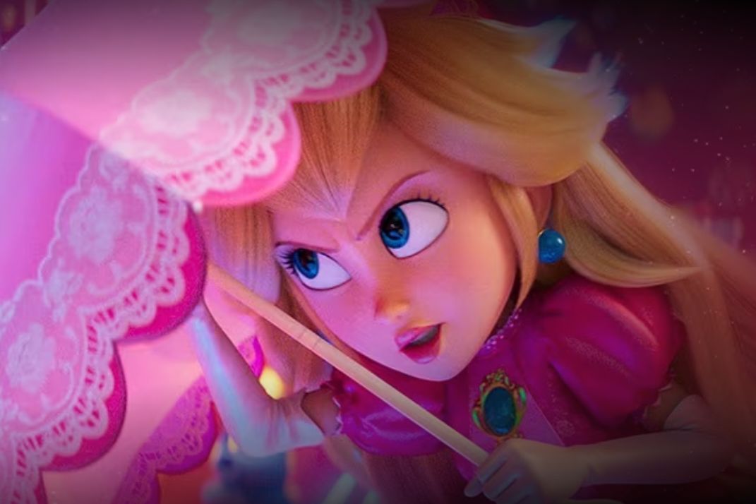 A determined princess with long blonde hair holds a pink parasol, gazing intensely as if preparing for action in a vibrant, colorful setting, featured in the AMC Japan Great Galaxy Getaway Sweepstakes