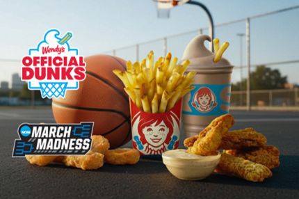 A basketball sits on a court surrounded by a cup of fries, a soft drink, and chicken nuggets with dipping sauce, creating a snack scene perfect for game day, featured in the Wendy's Dunkstakes Sweepstakes