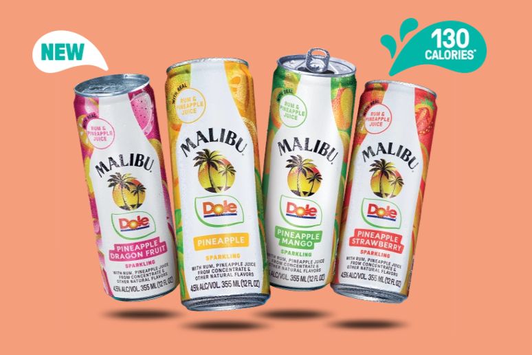 Four colorful cans of Malibu sparkling drinks in pineapple, dragon fruit, mango, and strawberry flavors are arranged on a vibrant orange background, showcasing tropical refreshments, featured in the Malibu Dole Hawaii Sweepstakes