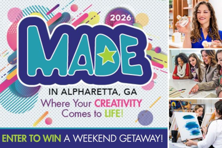 A colorful poster promotes a creative event in Alpharetta, GA, showcasing diverse individuals engaged in artistic activities and expressions, highlighting community and creativity, featured in the Alpharetta Crafting Weekend Sweepstakes