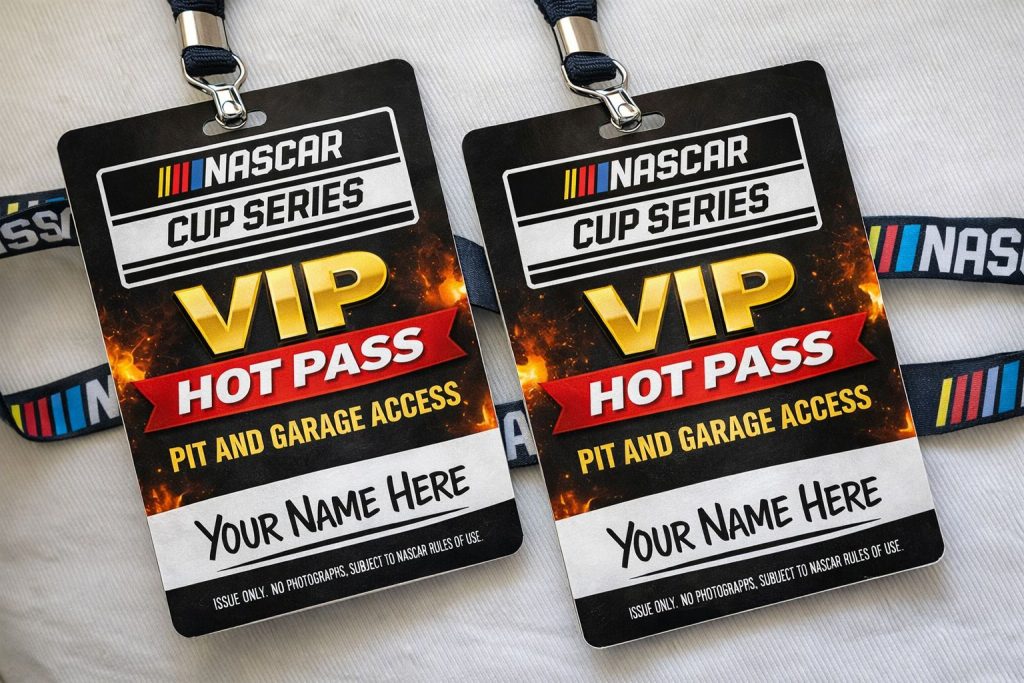 Two VIP hot pass credential cards for the NASCAR Cup Series are displayed, featuring bold text and lanyards, indicating access to the pit and garage areas, featured in the Race to the Habit VIP NASCAR Experience Sweepstakes