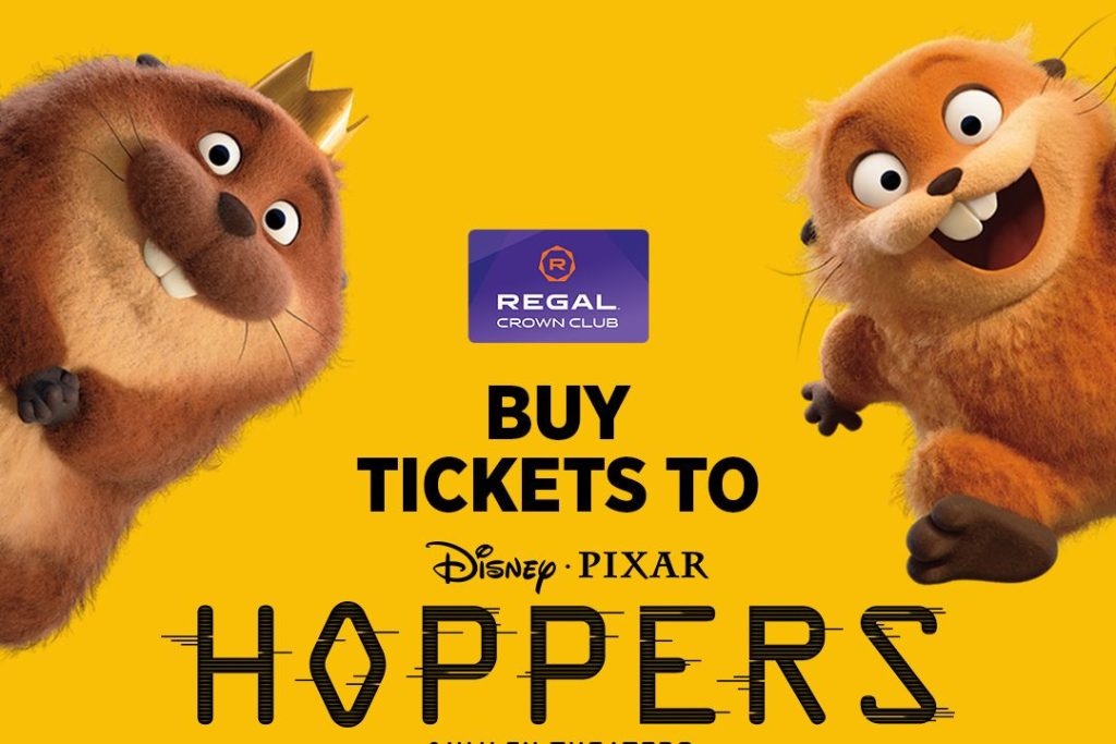 Two animated beaver characters smile playfully against a bright yellow background, promoting a new Disney-Pixar movie titled "Hoppers.", featured in the Regal Disneyland Vacation Sweepstakes