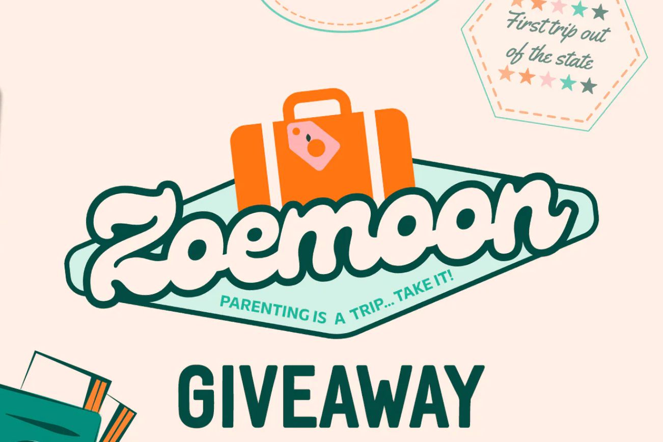 A colorful graphic featuring a suitcase and playful text promoting a parenting-themed giveaway, with an emphasis on travel and adventure for families, featured in the Zoe Strollers $10K Trip Sweepstakes