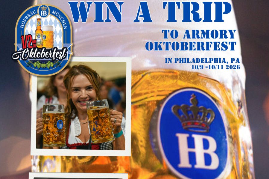 A woman smiles while holding two large beer mugs, celebrating Oktoberfest in a festive environment, with a lively crowd in the background, featured in the Hofbrau Oktoberfest VIP Sweepstakes