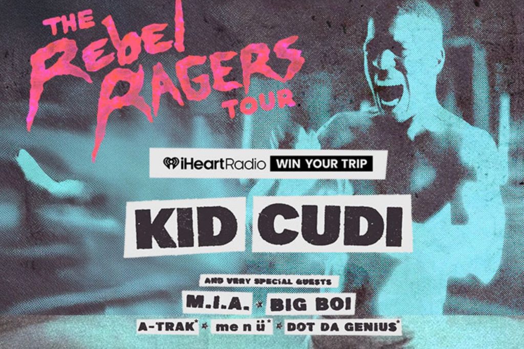 Vibrant graphic announcing the Rebel Ragers Tour featuring Kid Cudi, with images of energetic performers and a dynamic color palette. Special guests include M.I.A. and Big Boi, featured in the iHeartMedia Kid Cudi Trip Sweepstakes