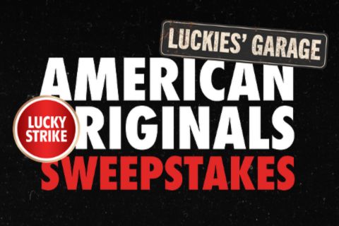A bold graphic features the words "American Originals Sweepstakes" prominently, with a round logo labeled "Lucky Strike," set against a black background, featured in the Luckies' Garage Sweepstakes
