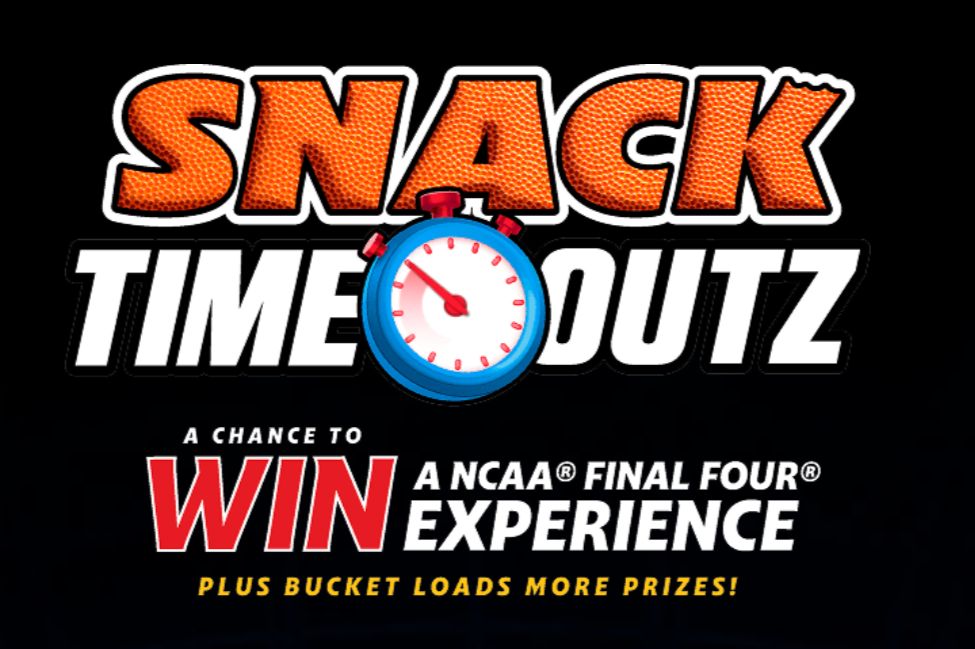 A countdown clock is featured prominently alongside text promoting a snack-themed contest linked to the NCAA Final Four, presenting a chance to win various prizes, featured in the Mondelez Final Four Sweepstakes