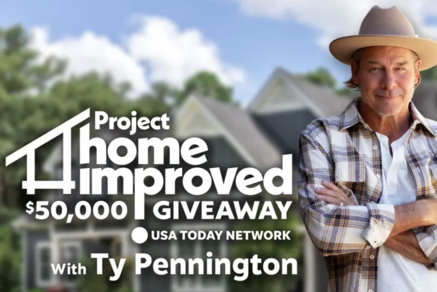 A man stands confidently with his arms crossed, smiling, in front of a modern home on a sunny day, promoting a home improvement giveaway, featured in the USA Today $50,000 Giveaway