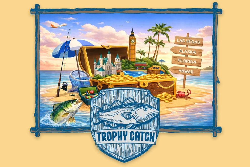 A vibrant beach scene features a treasure chest overflowing with gold, a fishing rod, and a colorful fish emerging from the water, with travel signposts pointing to various destinations, featured in the Long John Silver's $5,000 Getaway Sweepstakes