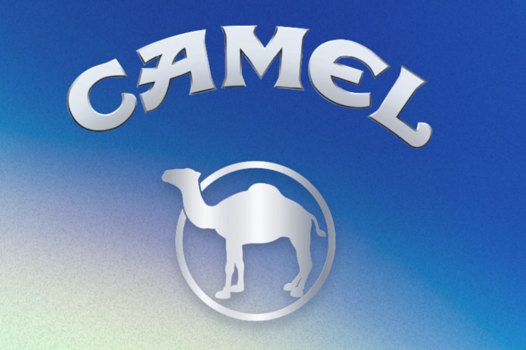 A blue gradient background features the word "CAMEL" in bold, silver letters above a white silhouette of a camel inside a circular outline, featured in the Camel $25,000 Sweepstakes