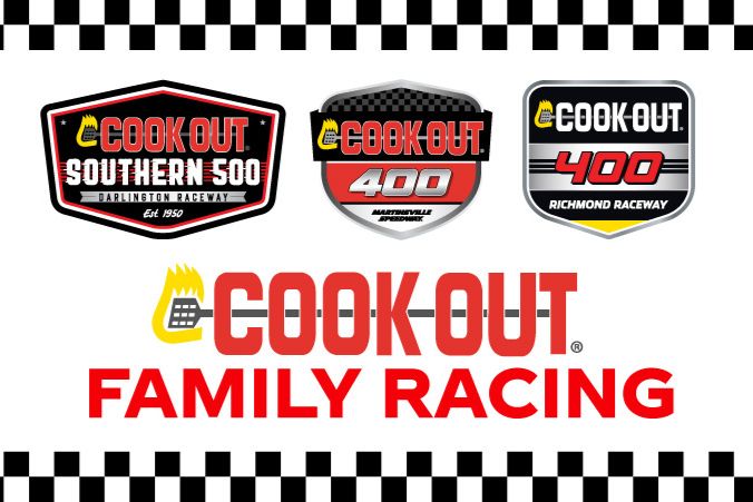 Three racing badges highlight events at Darlington Raceway and Martinsville Speedway, along with the title "Cook Out Family Racing" prominently displayed, surrounded by a checkered pattern, featured in the Coca Cola Stock Car VIP Sweepstakes