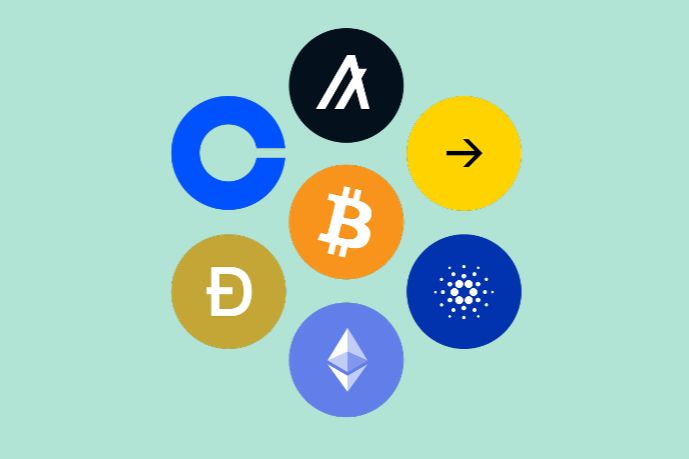 A circular arrangement of various cryptocurrency symbols, including Bitcoin and Ethereum, set against a light green background, representing different digital currencies, featured in the Coinbase 1 BTC Sweepstakes