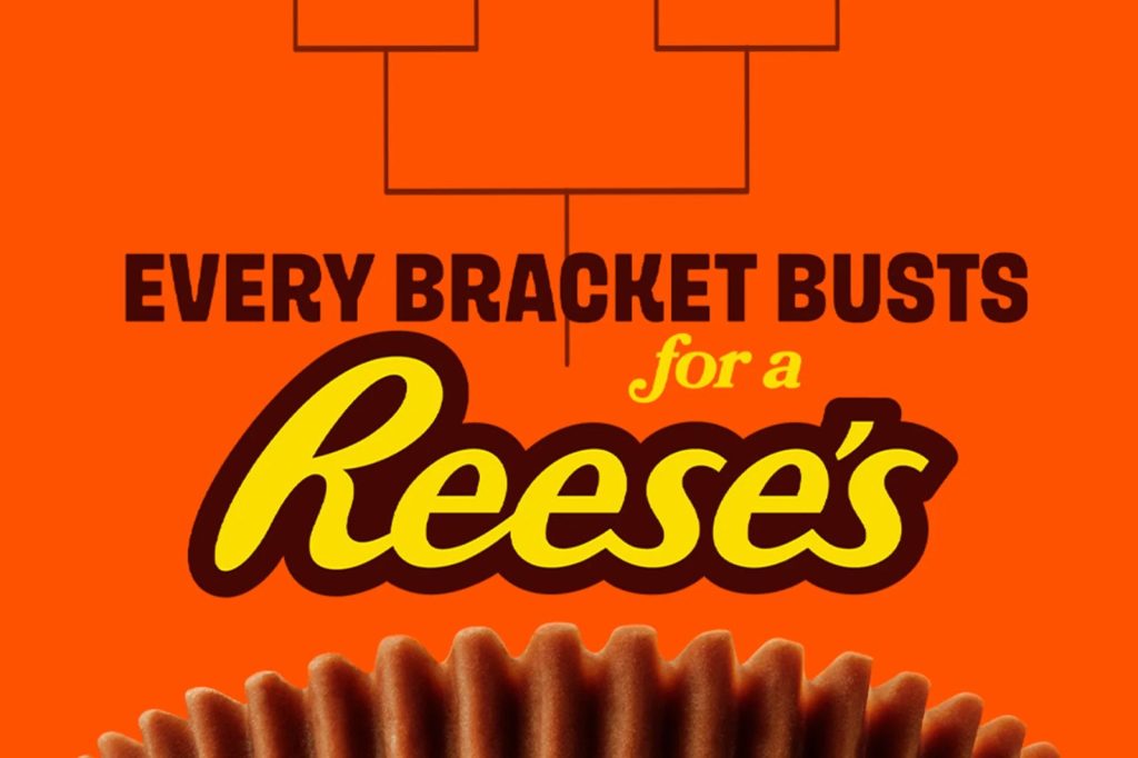 An orange background features text promoting a sweet treat, with a close-up of a chocolate cup with a ridged edge at the bottom. The design emphasizes excitement around a competitive theme, featured in the Reeses March Madness Sweepstakes