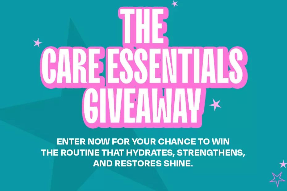 Bright turquoise background with large, playful pink text announcing a giveaway focused on care essentials that hydrate, strengthen, and restore shine in hair care routines, featured in the Overtone Care Essentials Sweepstakes