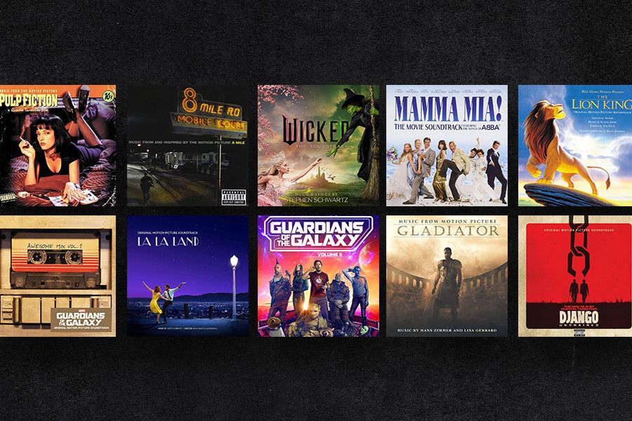 A collage of various movie soundtrack album covers, including "Pulp Fiction," "Wicked," "La La Land," and "The Lion King," set against a dark background, featured in the uDiscover Music Soundtracks Giveaway