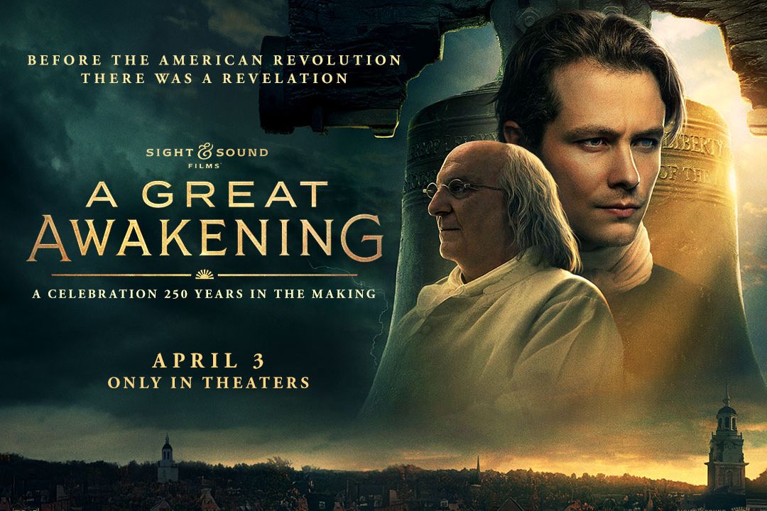 A dramatic scene showcases two historical figures, one elderly with glasses and long hair, the other younger, against a backdrop of mountainous skies and church steeples, featured in the Regal Private Screening Sweepstakes