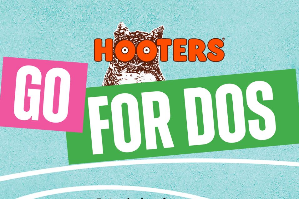 A playful design featuring a cartoon owl against a light blue background, accompanied by bold text promoting a fun event or offer, with vibrant colors and dynamic typography, featured in the Hooters College Hoops Sweepstakes