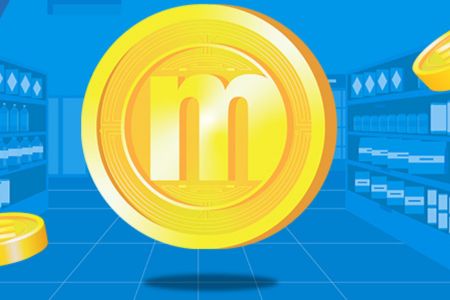 A golden coin with a stylized "m" symbol elegantly hovers in a bright blue space, surrounded by shelves filled with products, creating a vibrant and dynamic shopping atmosphere, featured in the 2026 Meijer mPerks Sweepstakes