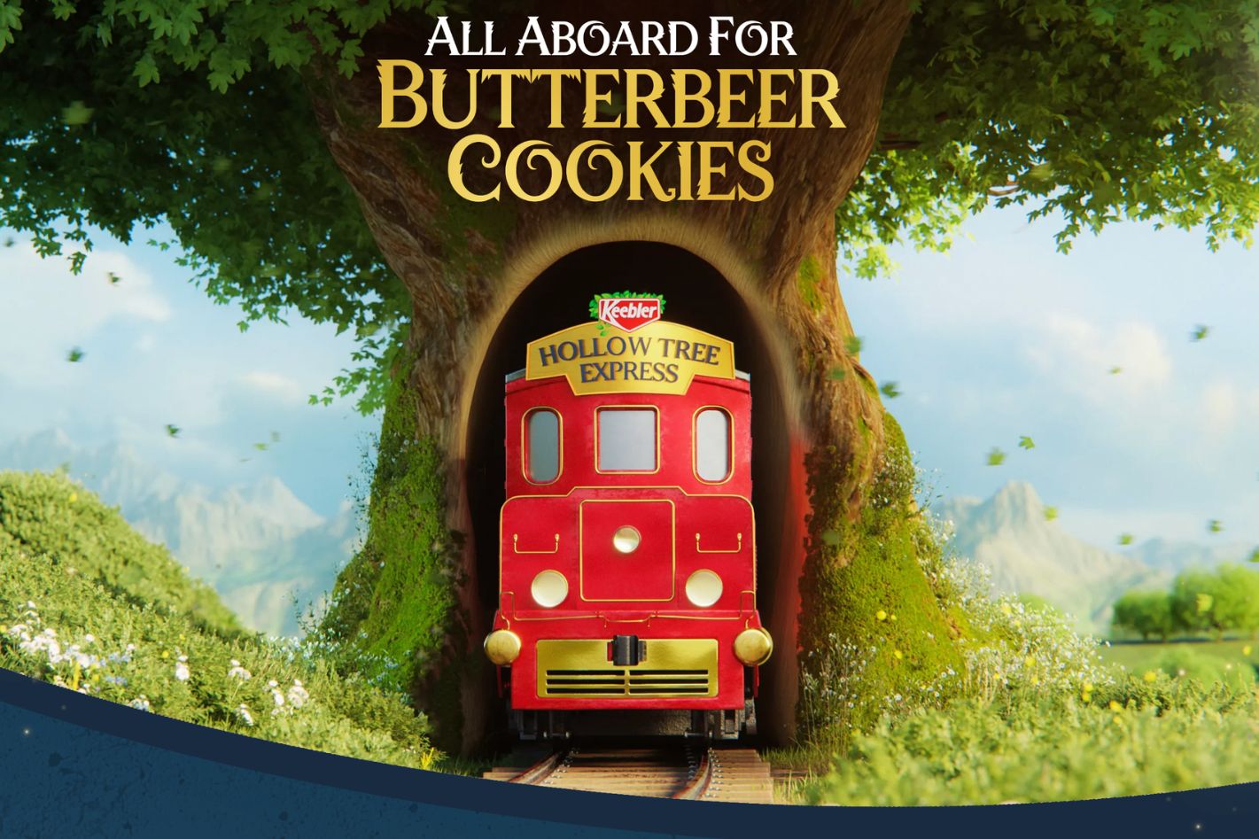 A bright red train, labeled "Hollow Tree Express," emerges from a large tree trunk in a lush, green landscape, inviting viewers on a whimsical journey toward butterbeer cookies, featured in the Keebler Butterbeer 2026 Sweepstakes