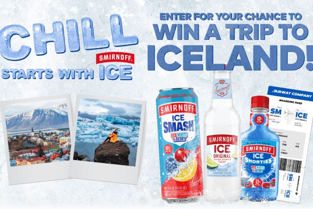 A winter-themed collage showcases two scenic photos of Iceland and several Smirnoff Ice beverage bottles, promoting a chance to win a trip to Iceland, featured in the Smirnoff Ice Iceland Sweepstakes