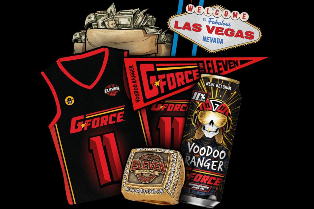 A vibrant display featuring a basketball jersey, a championship ring, and a can of Voodoo Ranger beer alongside a "Welcome to Las Vegas" sign and a money bag, all against a dark background, featured in the Voodoo Ranger $11,000 Sweepstakes