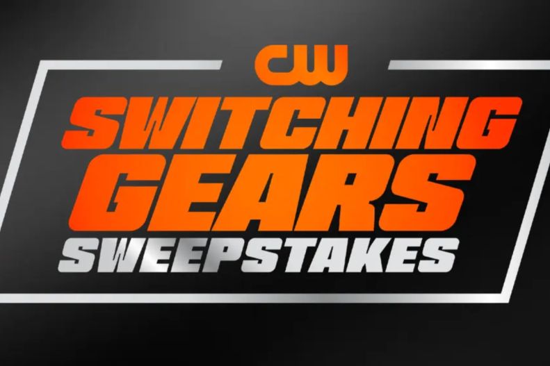 A bold graphic displays the text "Switching Gears Sweepstakes" against a dark background, emphasizing a dynamic and engaging promotional theme, featured in the CW Switching Gears Sweepstakes