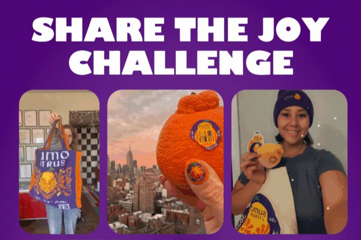 Three images showcase participants in a challenge: holding a colorful bag, a bright orange object, and another person displaying a small item, all exuding joy and engagement, featured in the Sumo Citrus Share the Joy Challenge Sweepstakes