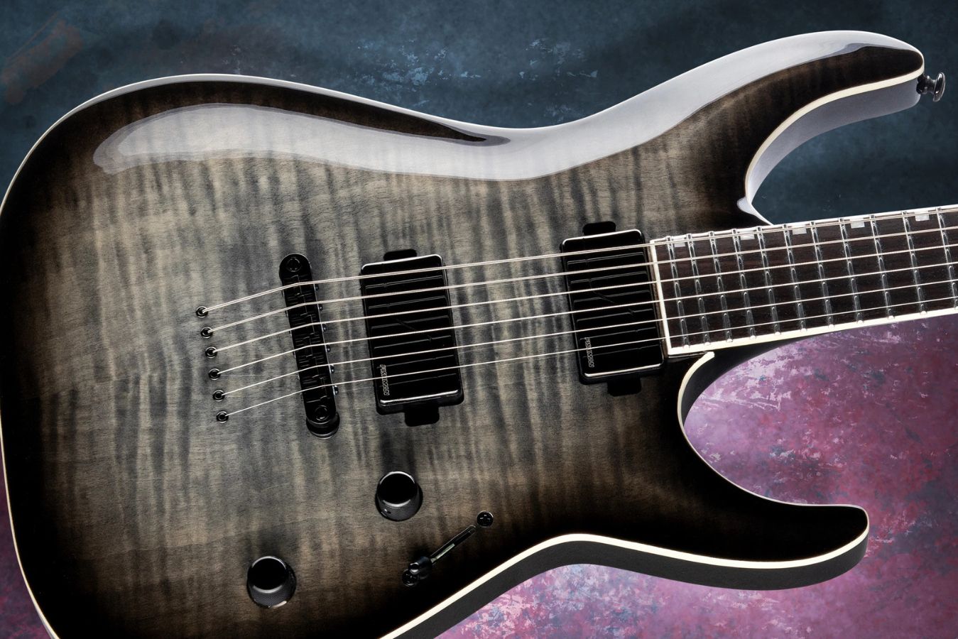 A close-up view of an elegant electric guitar with a dark finish, featuring sleek lines, metallic pickups, and intricate wood grain, set against a colorful artistic background, featured in the ESP LTD MH-1000NT Sweepstakes