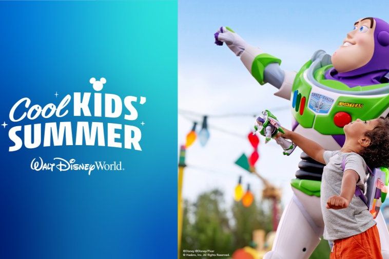A joyful child plays alongside a large Buzz Lightyear figure, both appearing excited in a vibrant outdoor setting with colorful decorations around them, featured in the Macaroni KID Walt Disney World Sweepstakes
