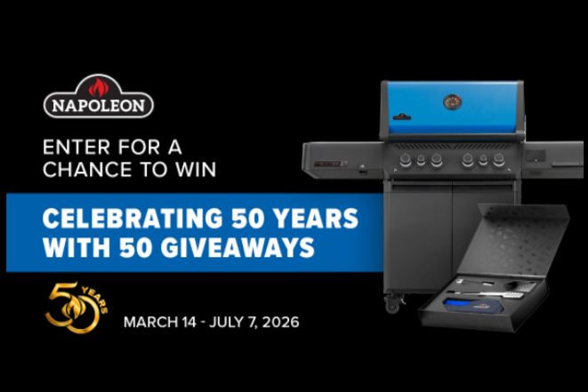 A sleek gas grill with a blue lid sits prominently, accompanied by a sleek case. The design emphasizes a celebration with giveaways marking a milestone anniversary, featured in the 50 Years, 50 Giveaways Contest