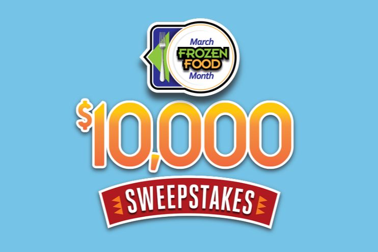 Bright blue background features a bold "$10,000 SWEEPSTAKES" text, celebrating March as Frozen Food Month, with a fun graphic representation of the event, featured in the March Frozen Food Month $10,000 Sweepstakes