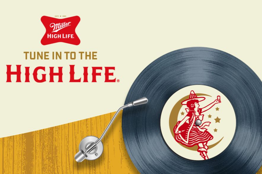A vintage-style vinyl record features a playful illustration of a woman in a red dress and hat, dancing among stars and a crescent moon, evoking a festive atmosphere, featured in the Miller High Life Record Player Sweepstakes