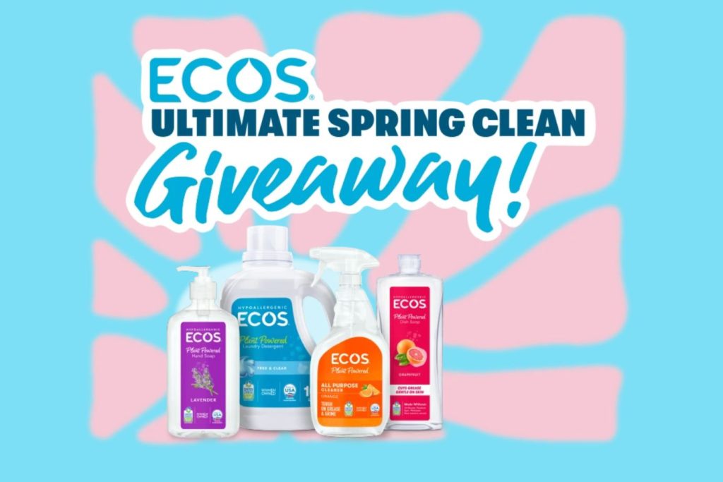 A collection of ECOS cleaning products, including laundry detergent, dish soap, and hand soap, is displayed against a vibrant blue background with pink abstract shapes, featured in the ECOS One Year Housecleaning Sweepstakes