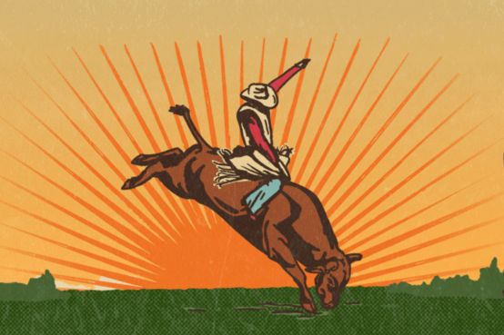 A cowboy rides a bucking horse against a vibrant sunset backdrop, with rays of orange and yellow radiating from behind, capturing the thrill of rodeo culture, featured in the Travel Leisure Festival Flyaway Sweepstakes