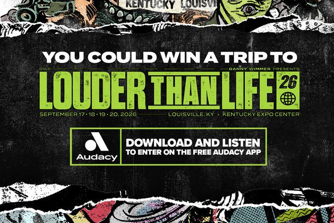 A vibrant promotional graphic announces the "Louder Than Life" music festival, highlighting dates and location in Louisville, Kentucky, and features colorful, artistic elements, featured in the Audacy Louder Than Life VIP Trip Sweepstakes