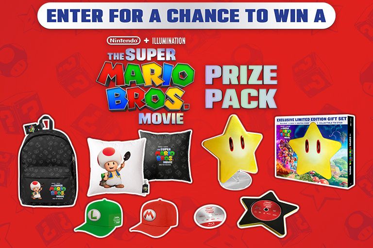 A vibrant red background features a collection of Super Mario Bros-themed items, including a backpack, pillows, hats, and a star, arranged to promote a prize pack giveaway, featured in the Super Mario Bros Power-Up Sweepstakes
