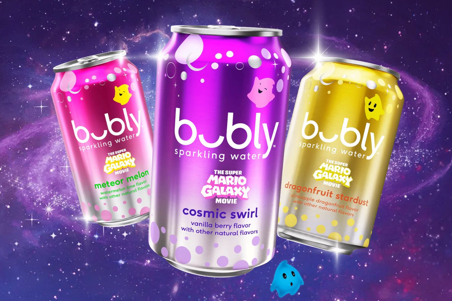 Three colorful cans of bubbly sparkling water float against a cosmic backdrop, featuring flavors like meteor melon, cosmic swirl, and dragonfruit stardust, with playful designs, featured in the bubly Galaxy Getaway Sweepstakes