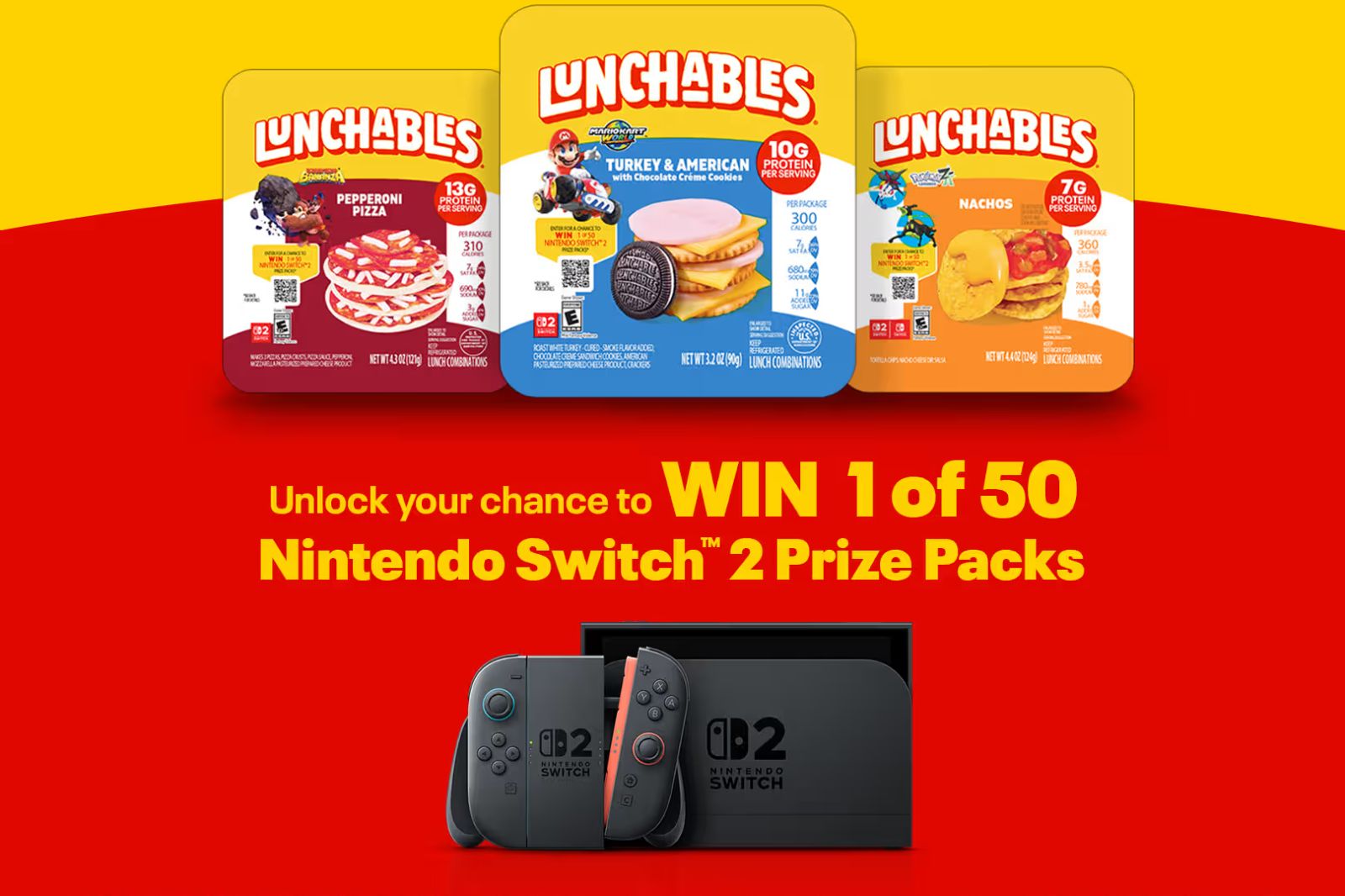 Three varieties of Lunchables are displayed against a vibrant red background, along with a Nintendo Switch console and the text promoting a giveaway for prize packs, featured in the Lunchables Nintendo Switch Sweepstakes