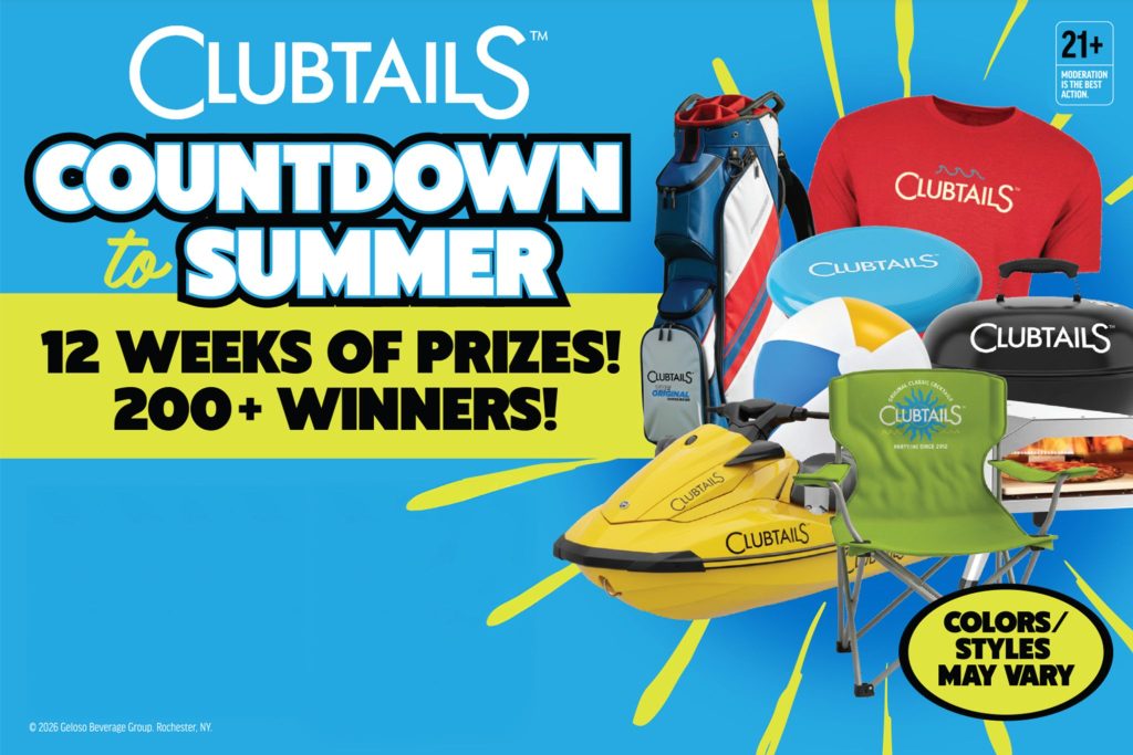 Colorful graphic promoting a summer countdown event, featuring prizes such as a jet ski, beach chair, frisbee, and golf gear, highlighting excitement for the upcoming summer activities, featured in the Clubtails Cocktails Countdown to Summer Sweepstakes