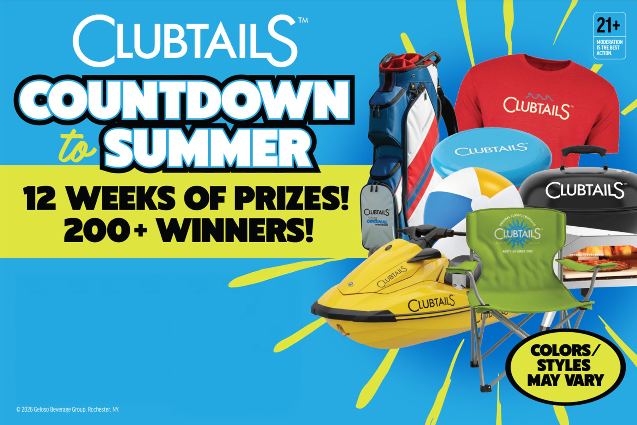 Colorful graphic promoting a summer countdown event, featuring prizes such as a jet ski, beach chair, frisbee, and golf gear, highlighting excitement for the upcoming summer activities, featured in the Clubtails Cocktails Countdown to Summer Sweepstakes