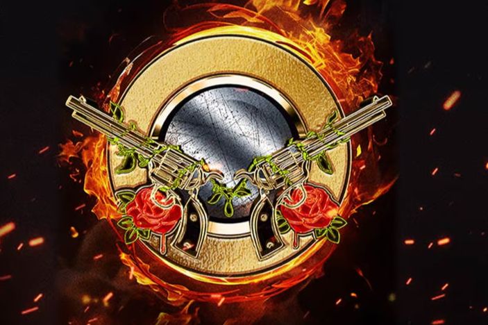 Two ornate revolvers with roses surround a central metallic circle, set against a fiery background that adds a dramatic flair to the design, featured in the Guitar Center Guns N Roses Sweepstakes