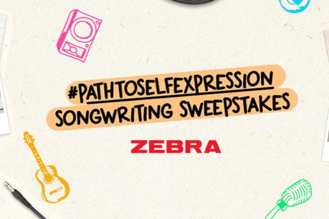 A playful, creative backdrop features music-themed doodles, including a guitar and microphone, alongside a vibrant call to participate in a songwriting sweepstakes, featured in the Zebra Pen Songwriting Sweepstakes