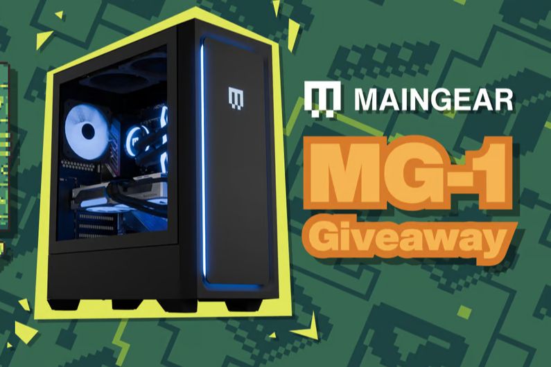 A sleek gaming PC with RGB lighting showcases its internal components behind a glass panel, set against a vibrant green backdrop with playful designs and a giveaway announcement, featured in the Maingear MG-1 PC Sweepstakes
