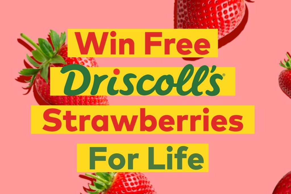 Bright red strawberries are prominently displayed against a pink background, alongside bold text announcing a giveaway for free strawberries for life, featured in the Driscoll's Strawberries For Life Sweepstakes