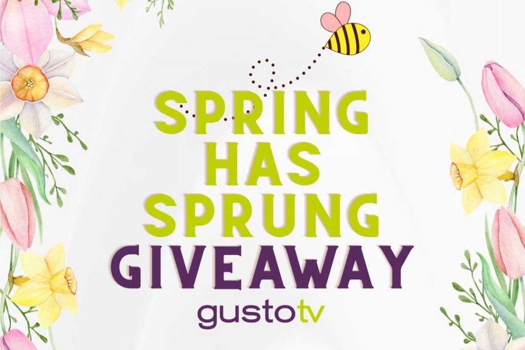 Colorful spring flowers border a cheerful announcement, "Spring Has Sprung Giveaway," with a buzzing bee illustration above, evoking a festive seasonal celebration, featured in the Gusto TV $1,000 Sweepstakes