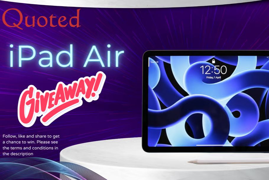 A sleek iPad Air is displayed on a pedestal against a vibrant purple background, promoting a giveaway event and inviting user engagement through likes and shares, featured in the Quoted iPad Air Giveaway