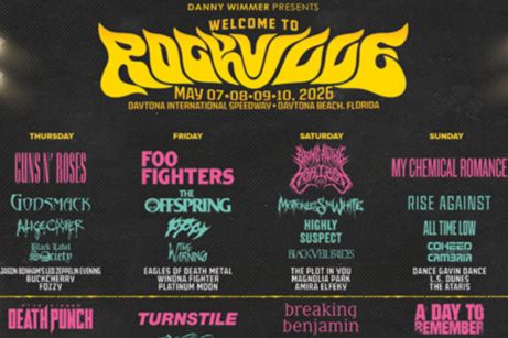 A vibrant festival lineup showcases bands across multiple days, featuring artists like Guns N' Roses, Foo Fighters, and My Chemical Romance, set against a colorful background, featured in the Welcome to Rockville Flyaway 2026 Flyaway Sweepstakes